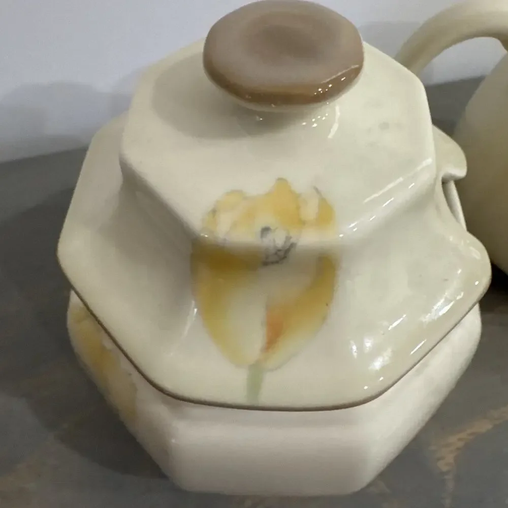 MIKASA Dutch Garden Cream and Covered Sugar Set- Orange/Yellow Flowers MINT